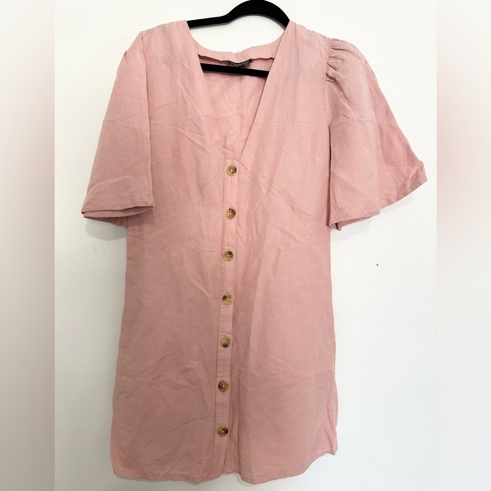 Topshop | Women's Angel Sleeve Shift Dress Size 6 US Pink linen blend mini